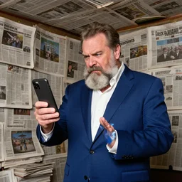dslr photo still of infowars host alex jones in a blue suit fat grey beard and mustache!!! big frown!!! in a!!! room filled to the ceiling with newspapers newspapers to the ceiling newspapers everywhere stacks of newspapers!!!!!! looking at an iphone gazing at an iphone in his hand look at iphone being held up!!!, 5 2 mm f 1. 8