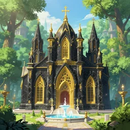 A temple church in a beautiful elven city made of black and gold marble, anime, lush trees, fountain, a fantasy digital painting by Greg Rutkowski and James Gurney, trending on Artstation, highly detailed