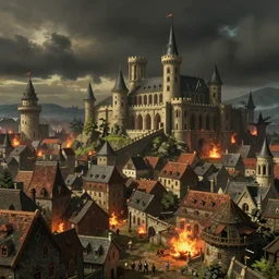 fall of the ancien regime, medieval cityscape with darker skies and fires, ghibli, photorealistic, digital studio art, modded skyrim