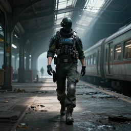 Futuristic matte painting of a cyberpunk soldier walking through an abandoned train station, volumetric light scattering, highly detailed, digital art, Andreas Rocha, Darek Zabrocki, Greg Rutkowski, ArtStation, CGSociety, Unreal Engine, 4K, 8K