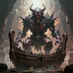 a giant demon, phonk, stunning design, evil, badass, giant boat, ancient ruins, stunning digital art