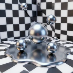 3d octane unreal scene of a checkerboard room with reflective spheres floating on a pool of mercury
