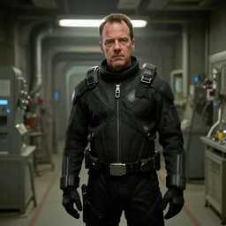 film still of Brian Cranston as Gordan Freeman in an underground lab facility wearing a black HEV suit in the Half Life Movie, 4k