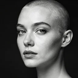 a woman with delicate features, bald, black and white photography, High definition, volumetric light, detailed details,