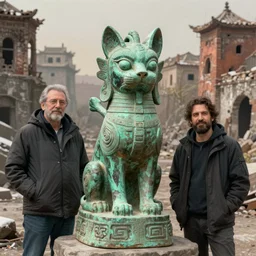 a beautiful highly detailed matte painting of a ancient green bronze statue of a cat god in a desolate abandoned city with winter colors by Jose Daniel Cabrera Pena and Leonid Kozienko, Noah Bradley concept art