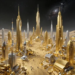 gold and silver tones, cybernetic village on the outskirts of the universe, style of moebius, james jean, mcbess, cinematic, highly detailed, award winning, 8 k photorealistic