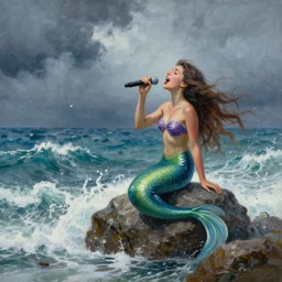 mermaid sitting on a rock being lashed by waves and singing, stormy weather, ocean, painting by greg rutkowski