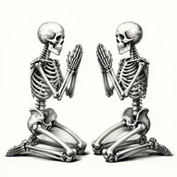 two praying skeletons kneeling facing each other arms raised, ink pen, highly detailed, crosshatching