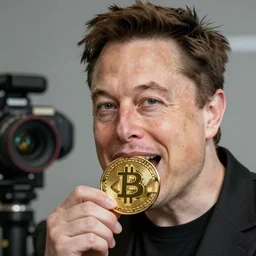 Elon Musk biting a bitcoin, highly detailed, high quality, HD, 4k, 8k, Canon 300mm, professional photographer, 40mp, lifelike, top-rated, award winning, realistic, sharp, no blur, edited, corrected, trending