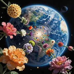 An epic fantastic realism comic book style painting of the most beautiful flowers launched into space, bouquets, fisheye lens, the Earth is forming, unreal 5, DAZ, hyperrealistic, octane render, dynamic lighting