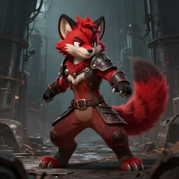 * tail * a handsome weasel bandit furry red - and - black male fursona animal betailed character, leather armor, smirking, mid - action pose on a gritty industrial background by peder balke, dark industrial fantasy, furry art, deviantart contest winner, tumblr contest winner, fursona has a ^ tail * tail *