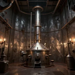 boiler room of a ship, victorian alchemists, polygonal iron steel walls, by peter mohrbacher dan mumford craig mullins nekro, cgsociety, pixiv, volumetric light, 3 d render