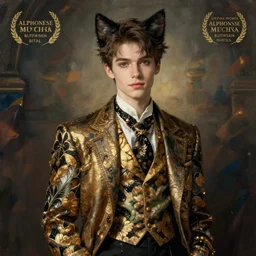 Full body portrait of a pretty catboy with cat ears in his twenties in fancy clothes. Art by Greg Rutkowski and Alphonse Mucha