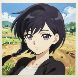 Painting of Velma Dinkley in the style of Persona 5, anime style, winged eyelashes, countryside, calm, fantasy character portrait, dark outlines, dynamic pose, above view, sunny day, artwork by Makoto Shinkai, very coherent asymmetrical artwork, sharp edges, perfect face, simple form, 100mm