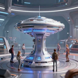 teleportation machine in a science fiction world, with people using it to travel to different planets, style of optical art
