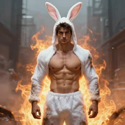 epic portrait an beautiful man wearing white bunny suit with bunny ears, muscular, dirty, flames in backround, foggy city backround, broad light, ambient occlusion, volumetric light effect, made by ivan aivazovsky, peter mohrbacher, greg rutkowski, matte painting, trending on artstation, 4 k, perfectly defined features, digital painting,