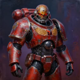 portrait of apocalyptic demonic spacemarine, cool pose, dark vibrant colors, futuristic cyberpunk fashion, oil painting by michael whelan art, sharp focus, realistic, rusty helmet, 8 k