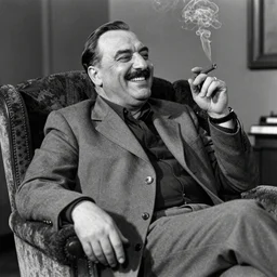 60s movie still portrait of Josip Broz Tito sitting in a armchair laughing and smoking a cigar, cinestill 800t 35mm black and white, cinematic, very detailed, skin texture, high quality
