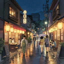 japanese street, street vendors, small restaurant shop fronts, paper lamps, raining, reflective, cozy, night, particles, illustration, digital art, hdr, style of studio ghibli, makoto shinkai, wit studio, wlop, yuumei