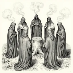 a high detail intricate drawing of a stump surrounded by hooded figures smoke billowing from robes a circle cut into the ground surrounds them, by harold mcneill, pixabay, modern european ink painting, ultrafine detail