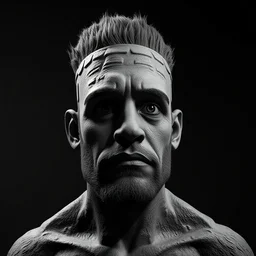 gigachad as an easter island head, medium shot, trending on artstation, unreal engine, artstationhq, black and white, studio lighting, studio photo