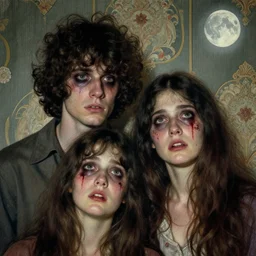two handsome but creepy young people in layers of fear, with haunted eyes and curly hair, 1 9 7 0 s, seventies, wallpaper, a little blood, moonlight showing injuries, delicate embellishments, painterly, offset printing technique, by coby whitmore, jules bastien - lepage, mary jane ansell
