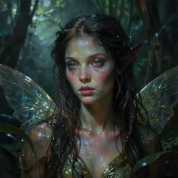 a close - up dark sci - fi portrait of a angelic alien nymph girl in a jungle. reflective textures. glowing fog in the background. highly detailed science fiction painting by norman rockwell, frank frazetta, and syd mead. rich colors, high contrast, gloomy atmosphere, dark background. trending on artstation