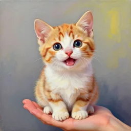 beautiful, detailed, photorealistic painting of an adorable kitten sitting in a human hand. the colors are very vibrant and the cat looks very happy. vibrant colors, very funny, personal, positive, visually pleasing and engaging. high resolution. high quality. hq hd. trending on artstation.