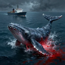 a whale bleeding on the ocean near to a ship, 3 d render, hiper detailed, dark art, horror art, digital art, realistic painting, high angle, volumetric light, part by beksinski, part by carl gustav carus with red blood brushstrokes by swanland raymond.