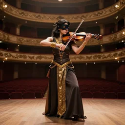 craig mullins and ghibli digital art of on the stage of the theater, a masked female violinist performs alone, dressed in exotic costumes, gold jewelry, and black hair realistic shading, cinematic composition, realistic render, octane render, detailed textures, photorealistic, wide shot