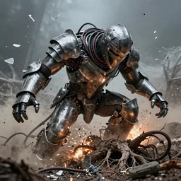 complex steel armor broken cables creature, helmet, explosion tree roots strangled, glass debris pieces, dust particles, dramatic lighting, electronic wires, fire sparks, high resolution photo,