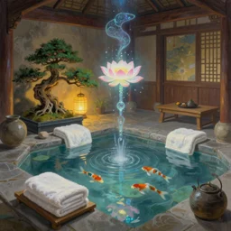 painting of interior of mythical fantasy onsen inn by greg rutkowski craig mullins mucha ross tran towels cozy hot springs bonsai levitating magic lanterns holographic lotus and koi, clear focus fantasy atmospheric cinematic lighting, trending on artstation