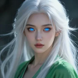 portrait of a beautiful young woman with glowing blue eyes, dressed in a green top, flowing white hair, detailed face, fantasy, highly detailed, cinematic lighting, digital art painting by greg rutkowski, trending on artstation, very very beautiful, very attractive