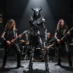 cyberpunk black metal band, guitarists, bassist, drummer, vocalist, all black cyberpunk clothes, robotic prothetic limbs, dermal implants, cyborg satan, realistic, promo photograph,
