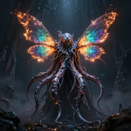 lovecraft tentacle wispy entity with firefly wings, neochromatic colors, metal acid glow, dark eerie photo, photo pic taken by beksinski gammell giger mcfarlane