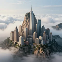 city carved into a tall mountain peak, above the clouds. matte painting. grand scale. digital art. 4 k