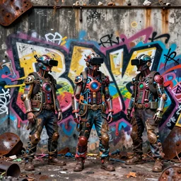 junky men spraying huge graffiti, cybertronic gadgets and vr helmet, flesh + technology, durty colours, night, rotten textures, rusty shapes, biotechnology, norman rockwell, tim hildebrandt, wayne barlow, bruce pennington, larry elmore, oil on canvas, deep depth field, masterpiece, cinematic composition, hyper - detailed, hd, hdr