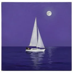 white sailboat on a dark purple sea by a port, coherent, oil on canvas, reflection, very far shot, moon