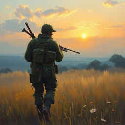 portrait of a sniper in ghillie suit covered with flowers, carrying long sword on back, facing the view, walking in summer field, blue tint, detailed, painting by craig mullins, james jean, caspar david friedrich, oil painting, depression tone, radiant light, sunset sky