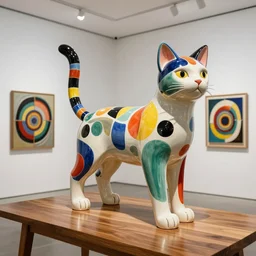 beautiful gallery show studio photograph of a giant realistic curvy ceramic sculpture of a long cat!!!!!, glazed by bridget riley and victor vasarely, placed on a polished wooden table, colorful hyperrealism 8 k trending on artstation