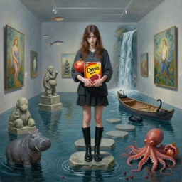painting of a tall emo girl in a flooded art gallery, holding a box of cheerios, a hippopotamus, pomegranates, octopus, stepping stones, long black boots, flooded, stone sculptures, art on the walls, fish, zen, waterfall, black swans, canoe, berries, surrealist, by magritte and monet