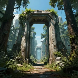 derelict portal in a middle of a futuristic forest, world seen only through a portal, daylight, cinematic lighting, blue sky, syd mead, john harris