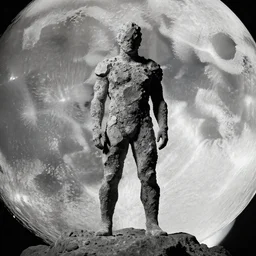 a magma man stands on the moon, rocks covering his body