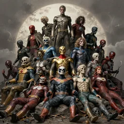 a pile of dead superheroes, horror art by beksinski and szukalski and giger and and pyromallis and dzo and iris compiet and seb mckinnon and, technical drawing, blueprint, highly detailed, intricate, sharp focus, trending on artstation hq, deviantart, unreal engine 5, 4 k uhd image