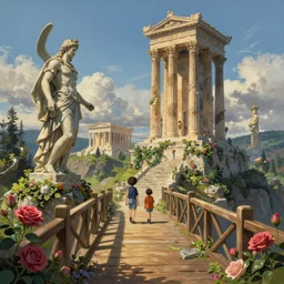 little wood bridge painting of atlantis zeus statue and hill valley grec temple of olympus glory tower ivy plant grow flower multicolor rose, in marble incrusted of legends heartstone official fanart behance hd by jesper ejsing, by rhads, makoto shinkai and lois van baarle, ilya kuvshinov, rossdraws global illumination