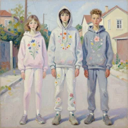 painting by martine johanna of 2 5 yo hunter schafer wearing a hoodie standing in a township street in the style of andrei riabovitchev, street clothing, haute couture! fashion!, full figure painting by milt kobayashi, tara mcpherson, david choe, decorative flowers, detailed painterly impasto brushwork, pastel color palette, die antwoord