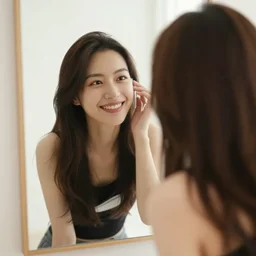 she recognizes her own reflection in the mirror and smiles because she knows she is beautiful