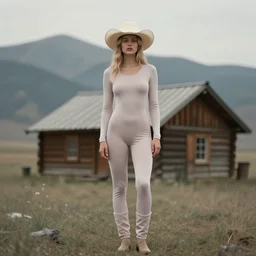 a beautiful ethereal homoerotic full - body portrait of a cowboy wearing a tight pajamas | he's wearing a cowboy hat | background is a cabin in the mountains | muted colours, dreamlike | by mark maggiori and frederic remington | trending on artstation