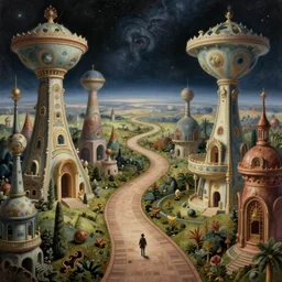 an whimsical stunning masterpiece matte painting of a winding path through outer space sci - fi worlds, surreal architecture designed by heironymous bosch, megastructures inspired by heironymous bosch, vast surreal landscapes and horizon by asher durand and cyril rolando and natalie shau, insanely detailed, elegant, concept art
