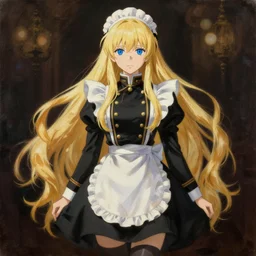baroque oil painting full body illustration character concept art, anime key visual portrait of young female maid black uniform evil military dictator, long flowing blonde hair blue eyes, symmetrical perfect face fine detail delicate features quiet gaze, gapmoe kuudere lotr bokeh, trending on pixiv fanbox, painted by greg rutkowski makoto shinkai takashi takeuchi studio ghibli